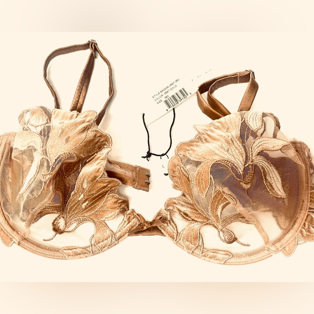 Fleur du Mal Sheer Embroidered Bra in Gold 36C